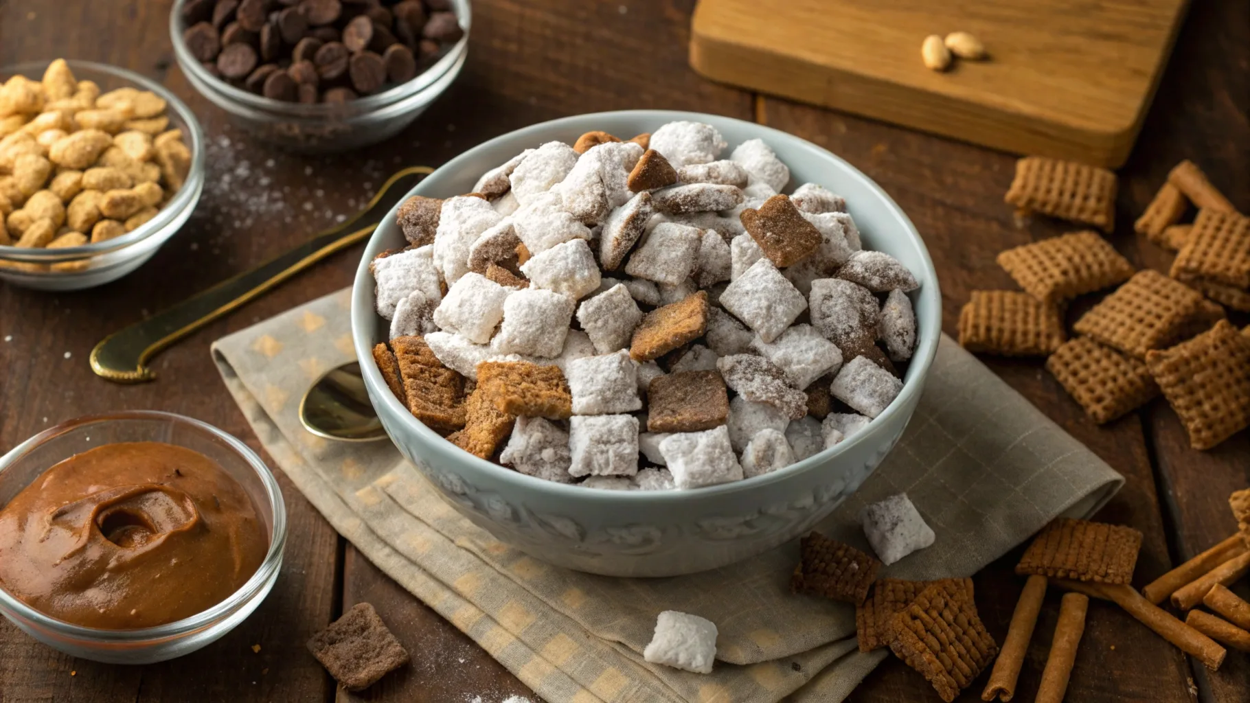 Bowl of homemade Muddy Buddies with Chex cereal, chocolate, and peanut butter on a wooden table.