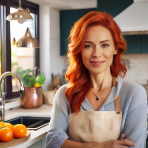 Smiling woman with red hair in a cozy kitchen setting, wearing an apron.