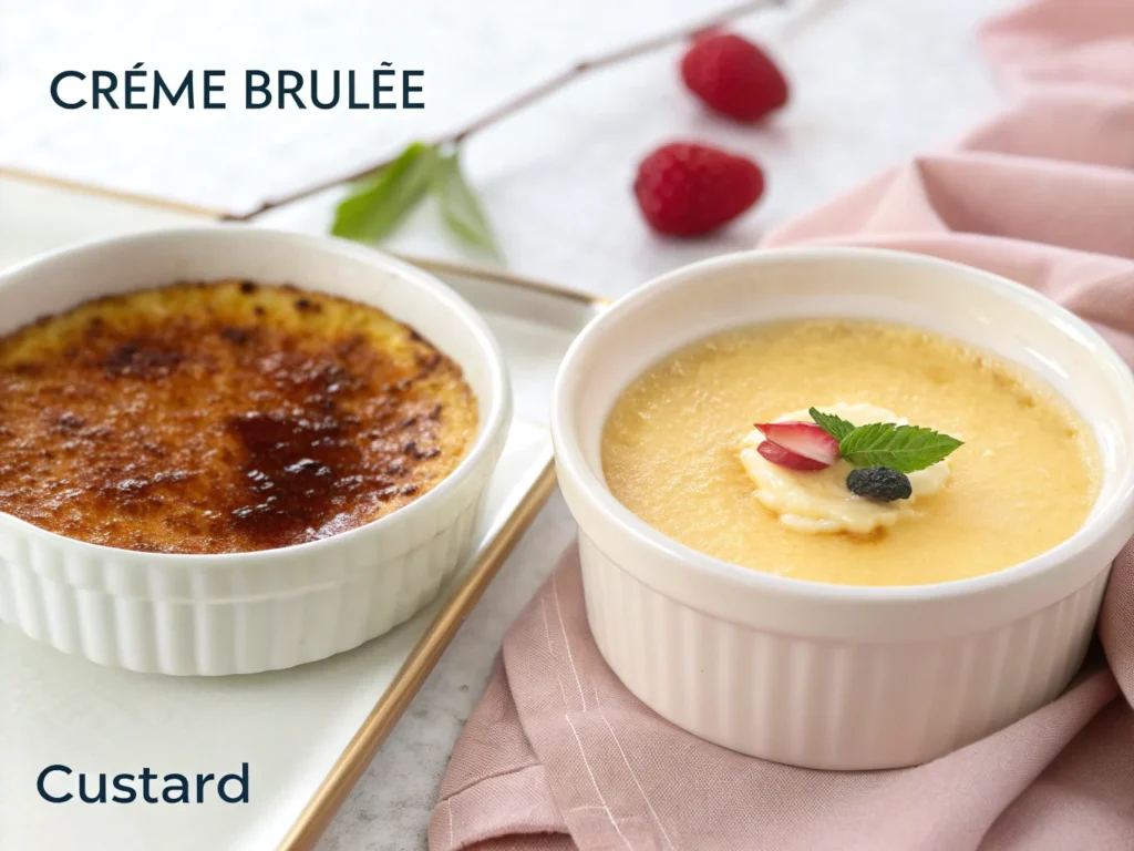 Side-by-side comparison of crème brûlée and custard textures, highlighting what's the difference between crème brûlée and custard.