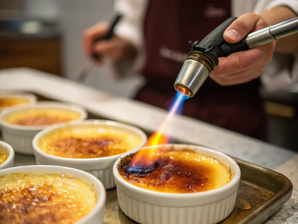 Chef caramelizing the sugar on crème brûlée, demonstrating its iconic preparation process and showcasing the contrast to custard.