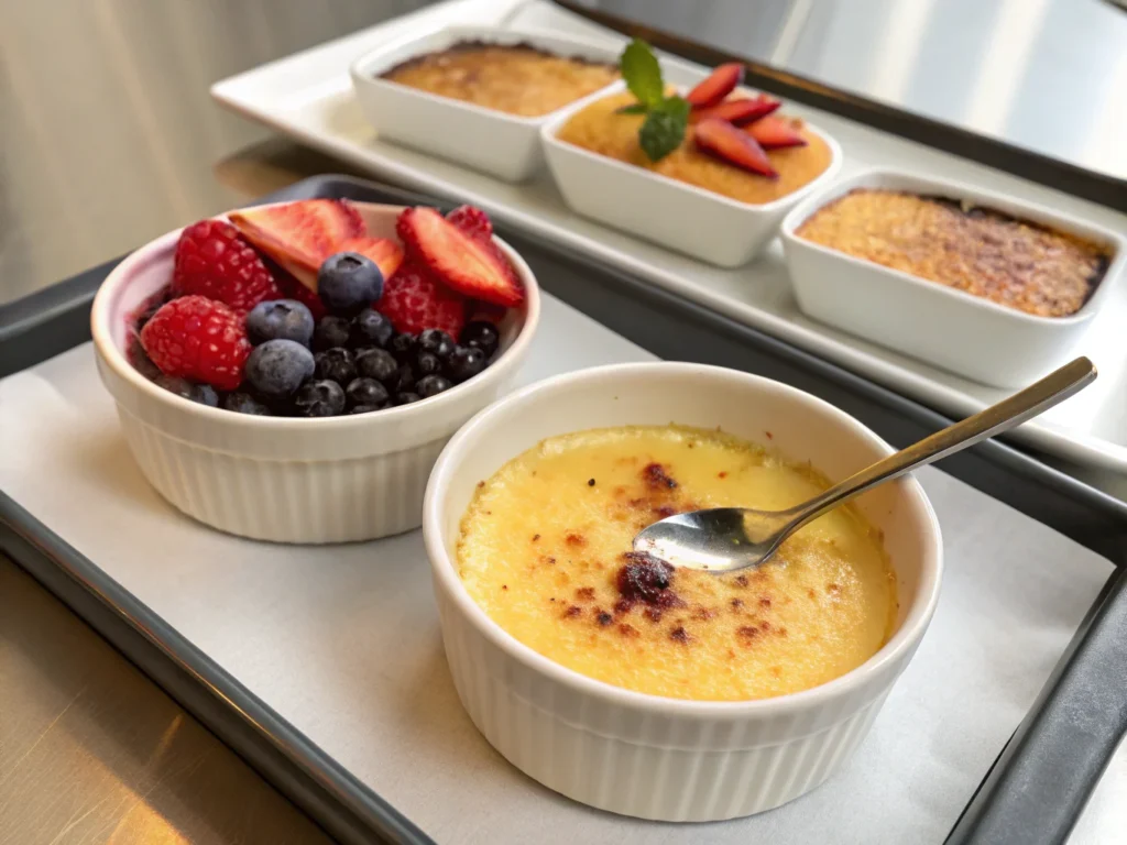 Display of three types of custards: baked, stirred, and panna cotta, highlighting the versatility of custard in desserts.