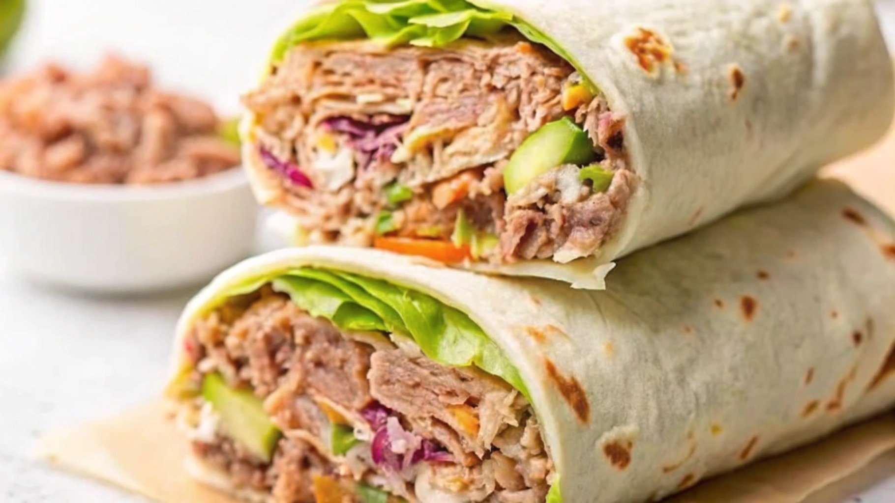 Close-up of a freshly prepared tuna wrap filled with lettuce, cucumbers, and colorful vegetables, served on a light background with a bowl of tuna in the background.