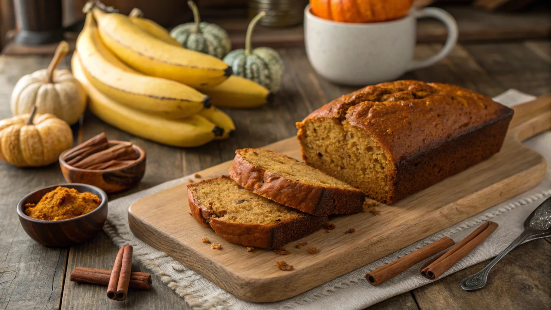 Freshly baked Pumpkin Banana Loaf with ripe bananas, pumpkin puree, and cinnamon sticks.