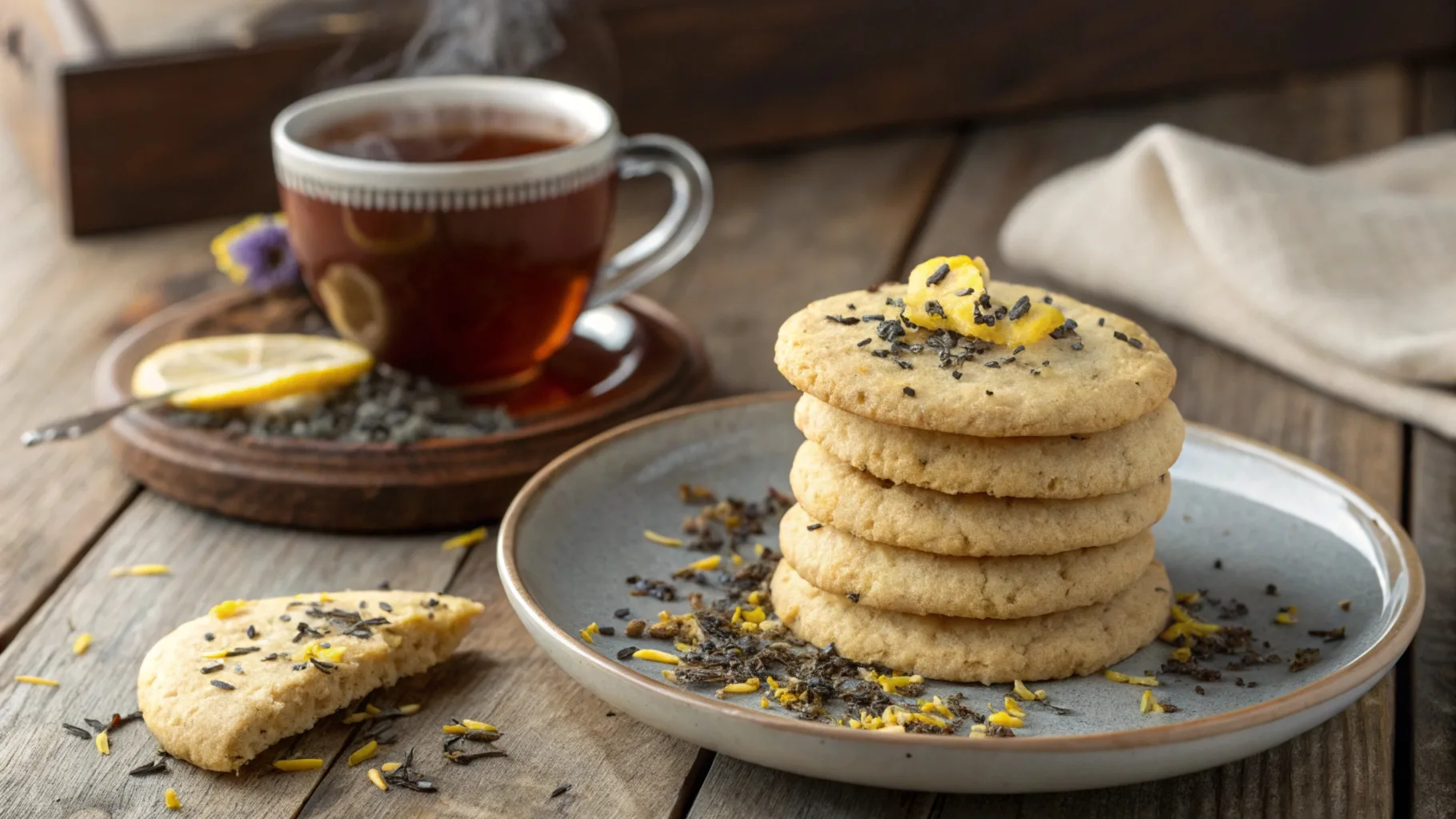 A stack of Earl Grey Cookies on a plate with tea leaves and lemon zest.