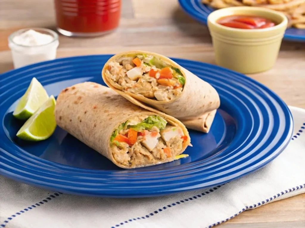 Close-up of two tuna wraps placed on a vibrant blue plate, garnished with lime wedges on the side. The wraps are filled with fresh vegetables and tuna, served with condiments in the background, creating a colorful and appetizing presentation