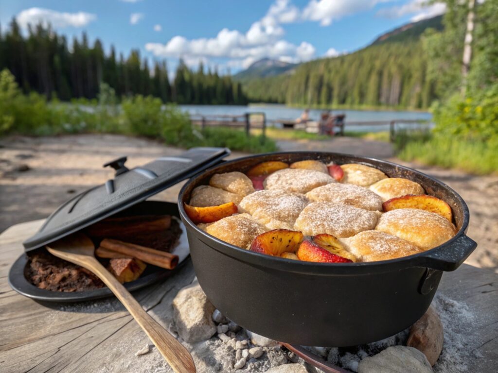 A Dutch oven peach cobbler with golden biscuit topping and fresh peaches, set on a wooden table at a campsite near a scenic lake and forest.