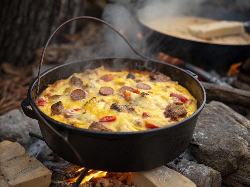 A close-up of a steaming Dutch oven breakfast casserole with eggs, sausage, cherry tomatoes, and melted cheese, cooking over a campfire.