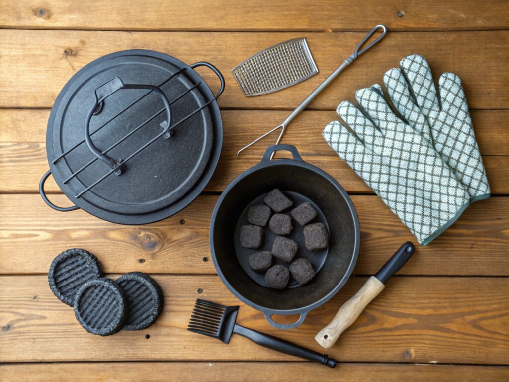  A flat lay of Dutch oven accessories, including a cast iron Dutch oven, lid, charcoal briquettes, heat-resistant gloves, a lid lifter, and a basting brush on a wooden surface.