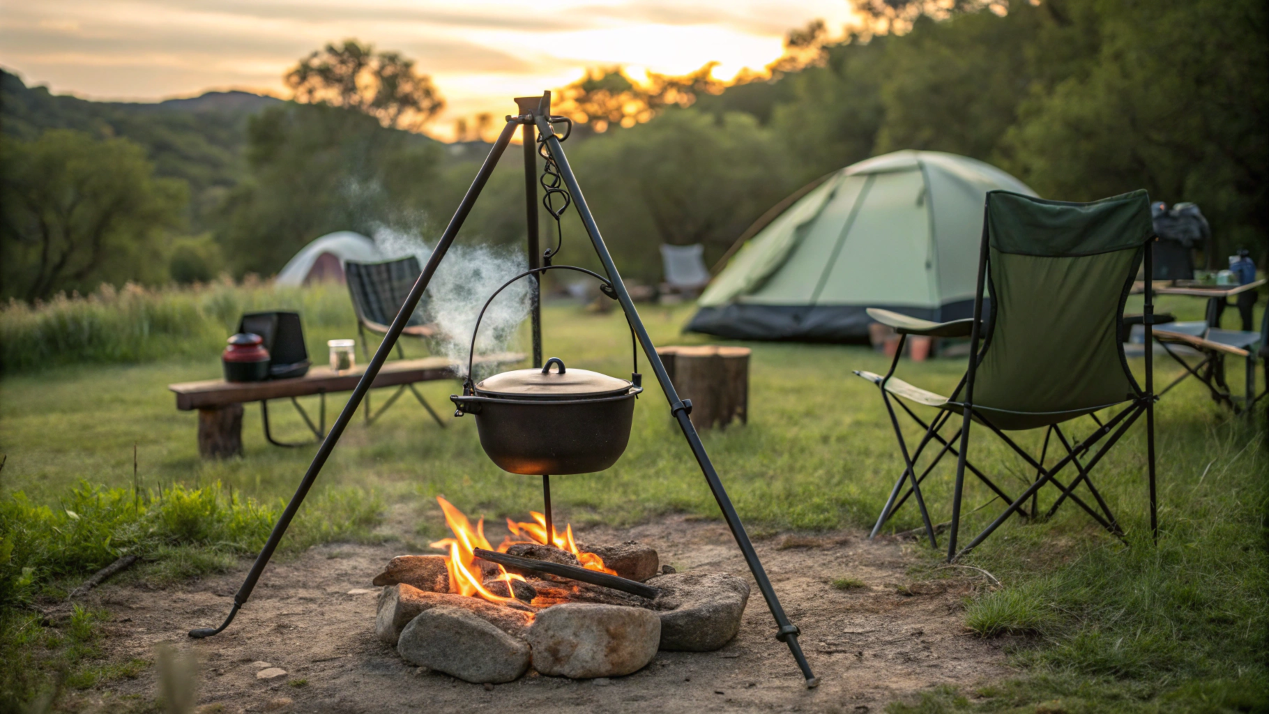 A scenic outdoor campfire setup featuring a Dutch oven hanging from a tripod over a fire pit, with a tent, camping chairs, and a table in the background during sunset.