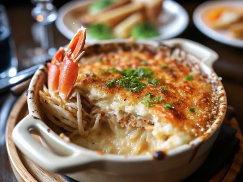 A creamy crab brûlée topped with golden cheese and a decorative crab claw, garnished with parsley.