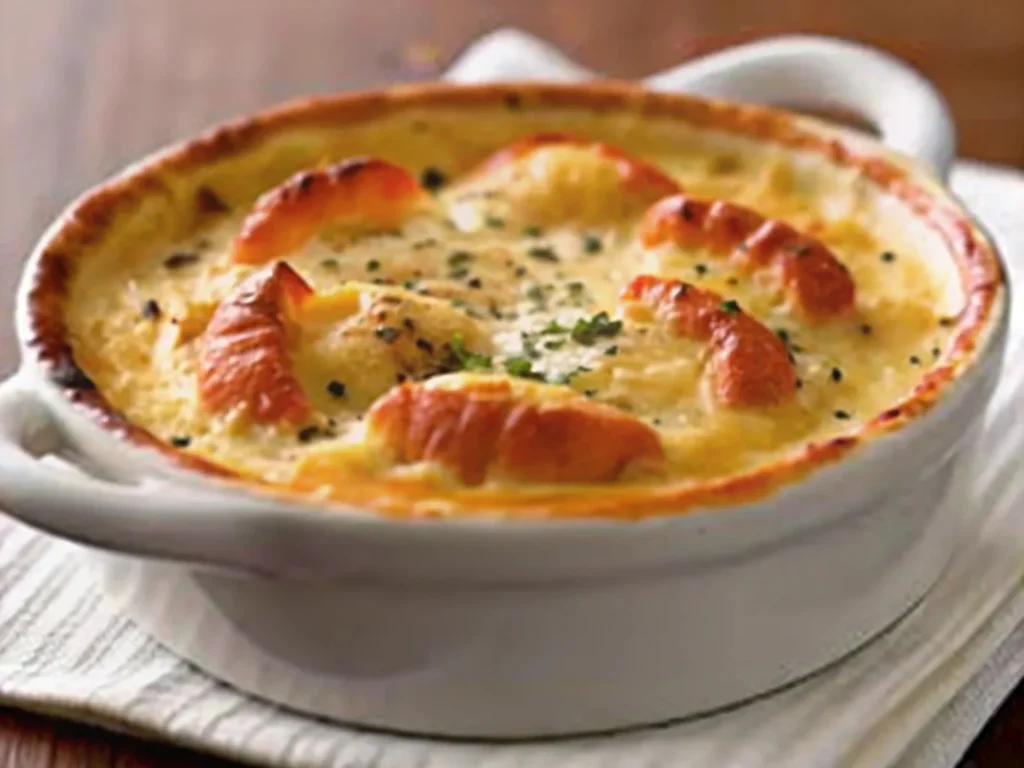 A classic crab brûlée with a creamy texture and golden-brown topping, garnished with herbs.