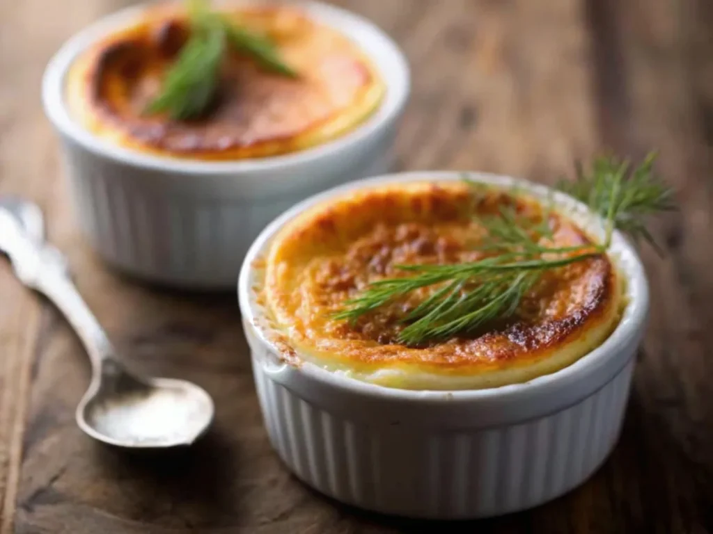 Individual servings of crab brûlée in ramekins with caramelized tops and dill garnish.