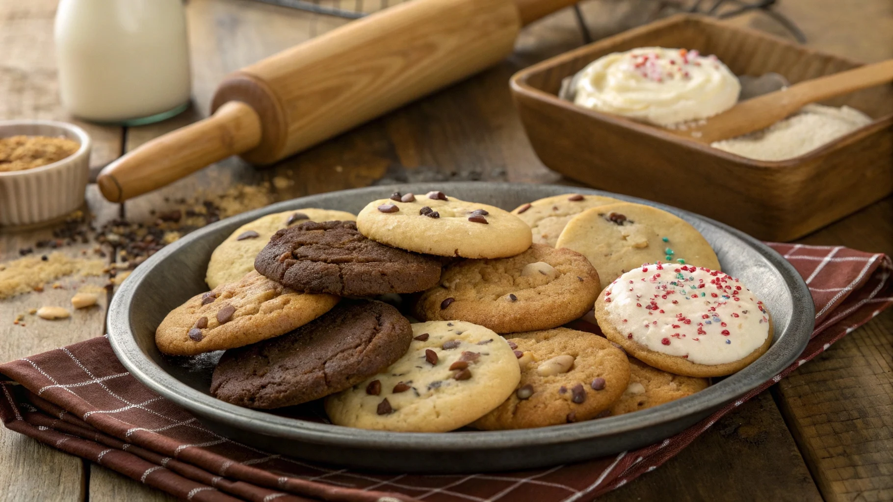 A platter of Crumbl cookie recipe creations, including chocolate chip, sugar cookies with frosting, and sprinkle cookies.