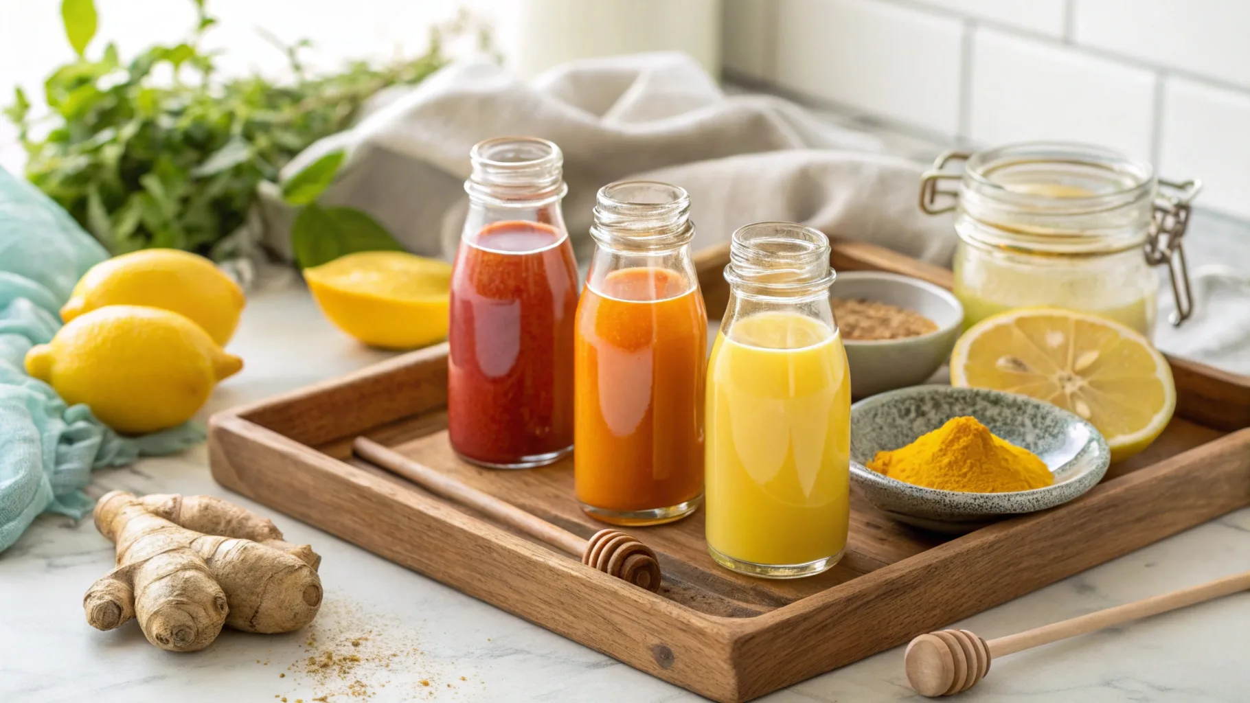 Three glass bottles filled with colorful fresh juices on a wooden tray, surrounded by ginger, lemons, turmeric powder, and honey, set on a bright kitchen counter.