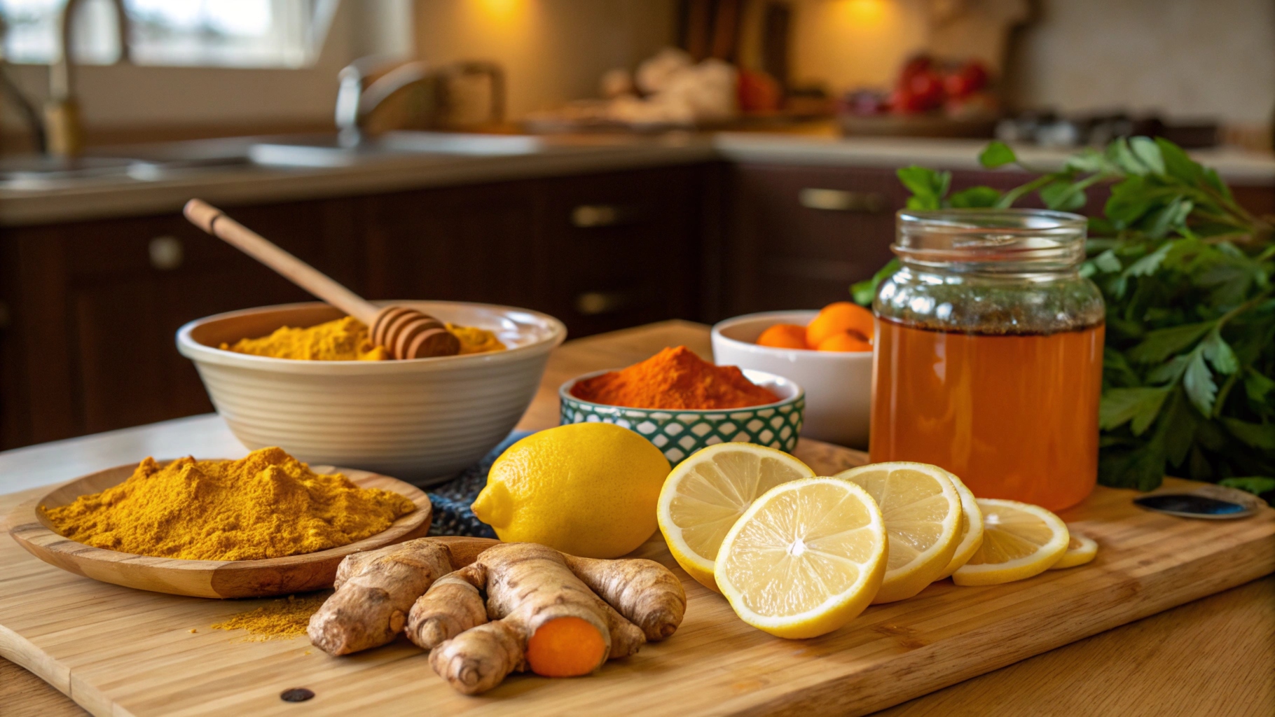 Fresh turmeric, ginger, lemons, honey, and spices displayed on a wooden countertop in a warm kitchen setting.