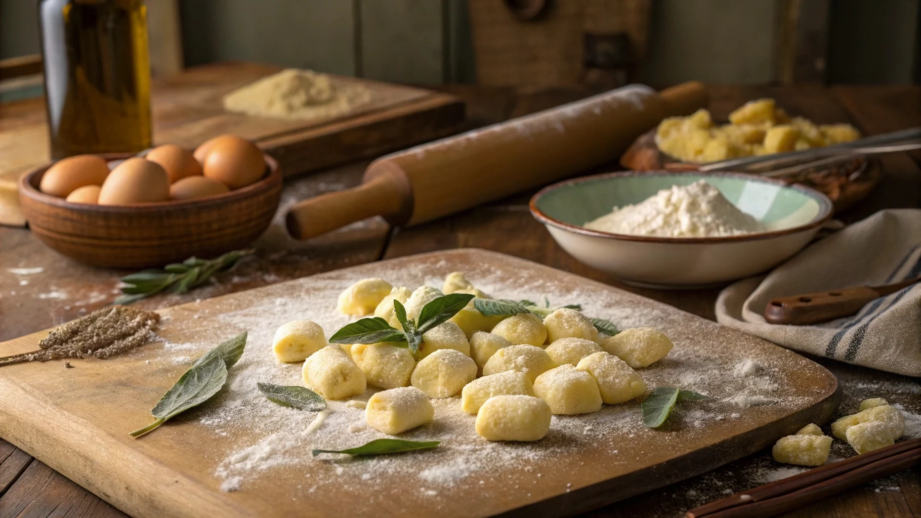 Is gnocchi a potato or a pasta? Rustic Italian kitchen with freshly made gnocchi, potatoes, eggs, and a rolling pin on a wooden table.