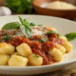 Plate of gnocchi di patate (potato gnocchi) served with a savory sauce and garnished, representing Italian comfort food.