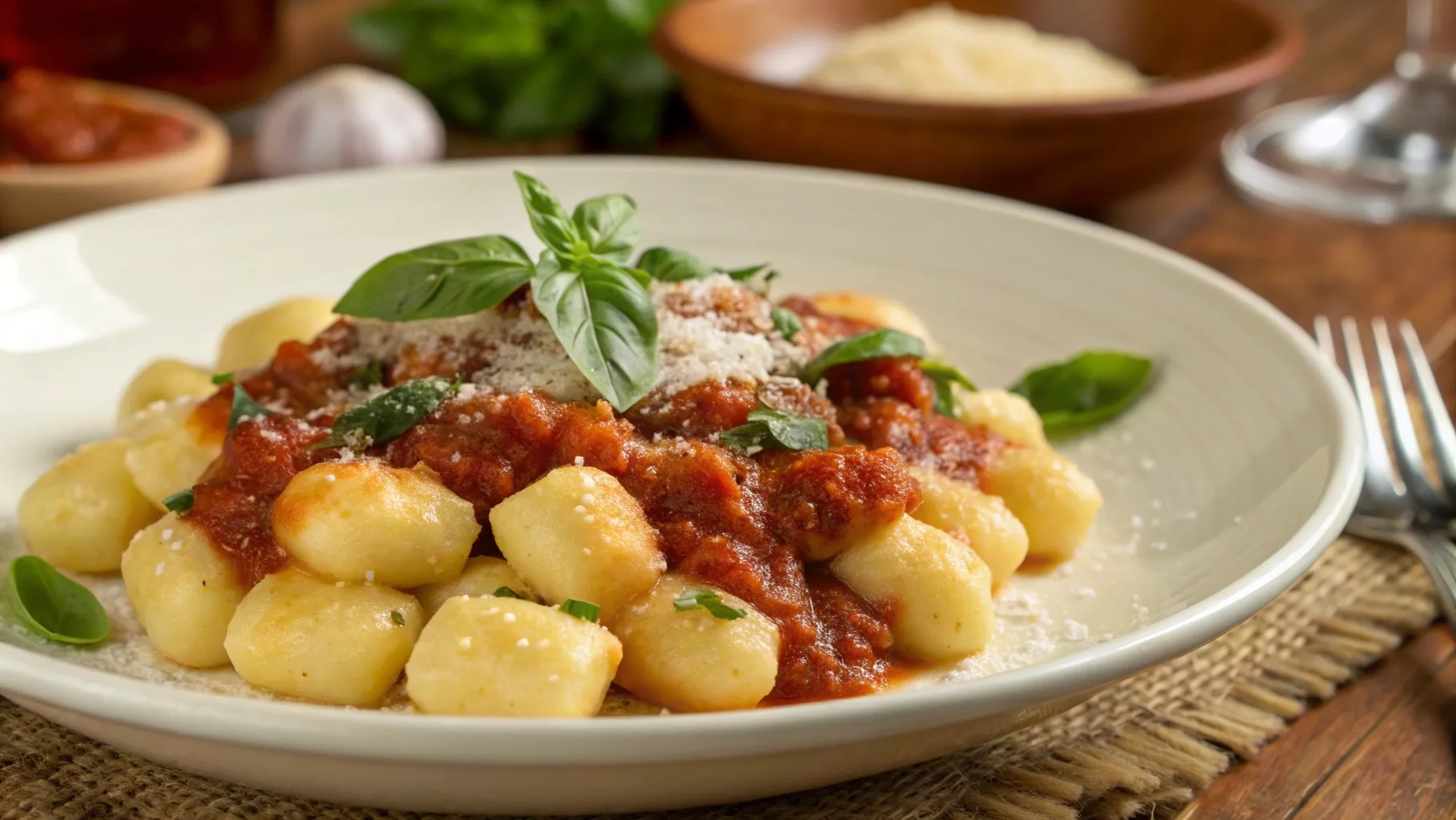 Plate of gnocchi di patate (potato gnocchi) served with a savory sauce and garnished, representing Italian comfort food.