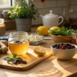 A cozy kitchen with fresh ingredients for DIY immune-boosting remedies, including ginger, garlic, lemons, honey, and elderberries on a wooden countertop