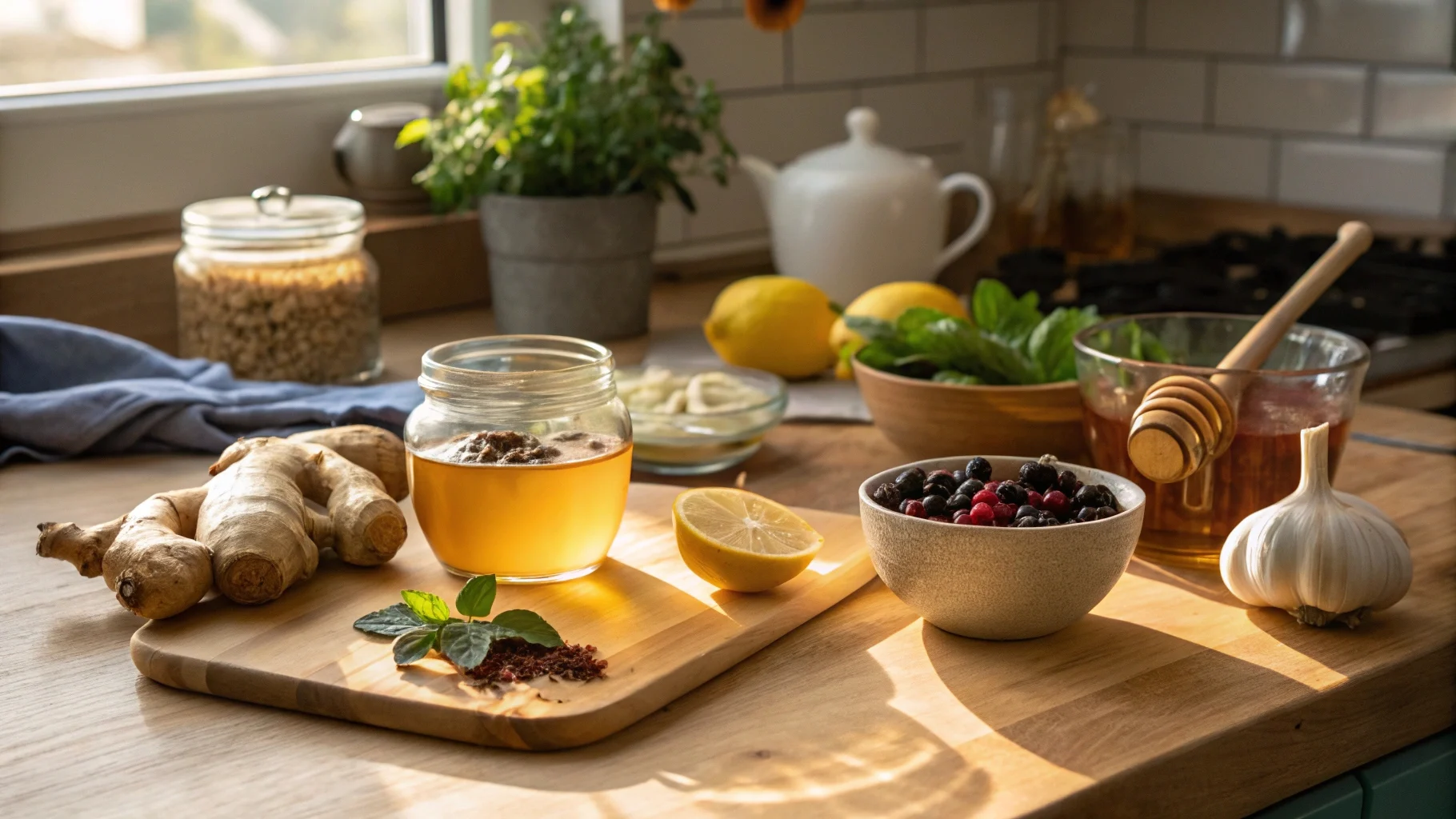 A cozy kitchen with fresh ingredients for DIY immune-boosting remedies, including ginger, garlic, lemons, honey, and elderberries on a wooden countertop