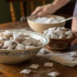 A cozy Southern kitchen with a wooden table filled with freshly made Puppy Chow (Muddy Buddies), a popular Southern dessert coated in powdered sugar.