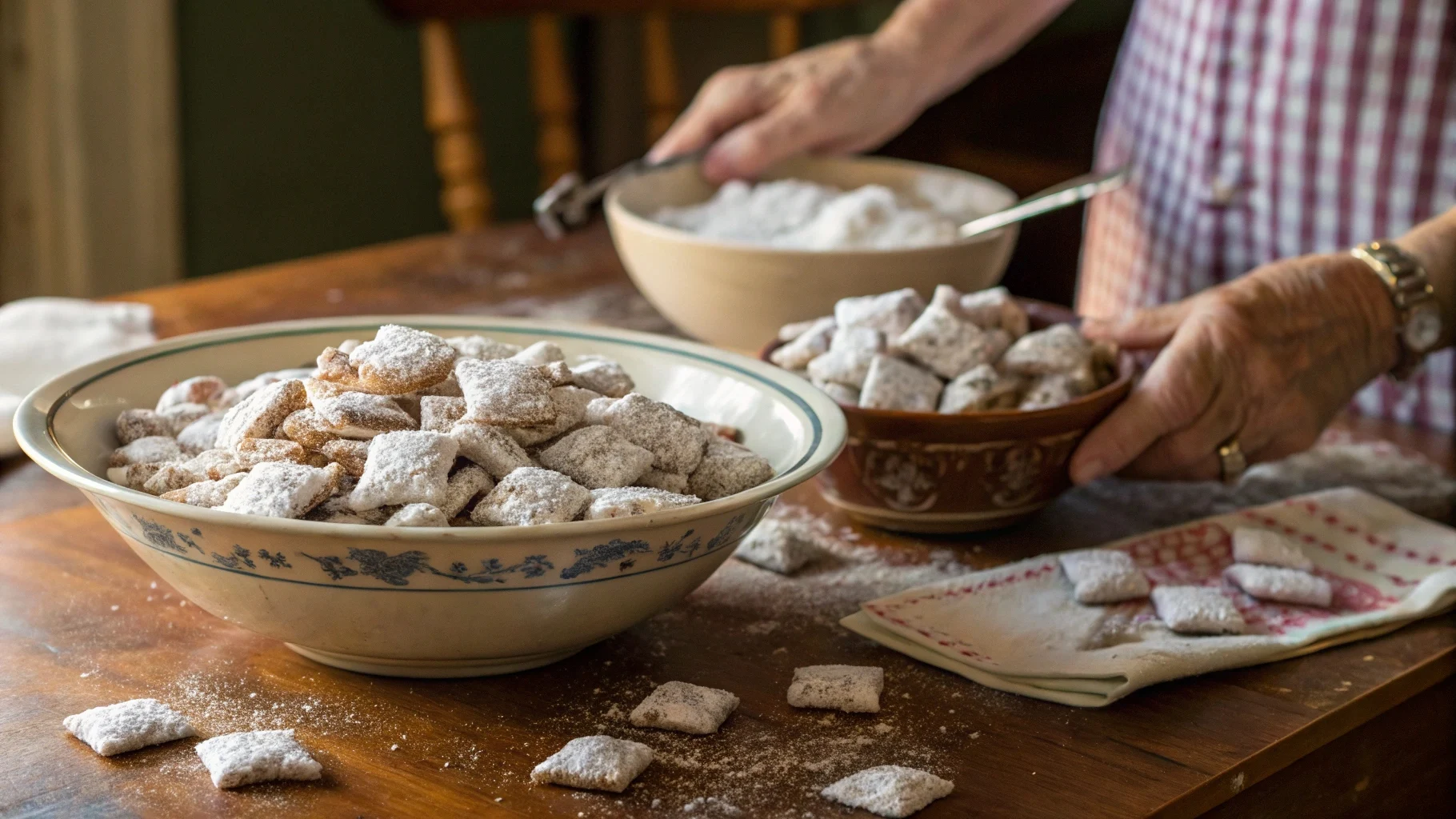 A cozy Southern kitchen with a wooden table filled with freshly made Puppy Chow (Muddy Buddies), a popular Southern dessert coated in powdered sugar.