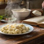 A rustic Italian kitchen with a plate of freshly made gnocchi di patate, highlighting the pronunciation and cultural significance of this dish.