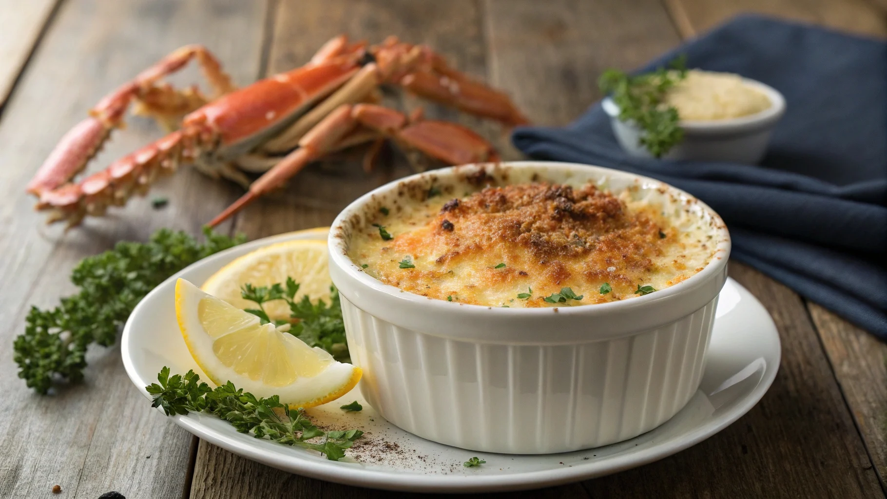 King crab brulee in a white ramekin with a golden crust, garnished with thyme and lemon zest, on a rustic wooden table