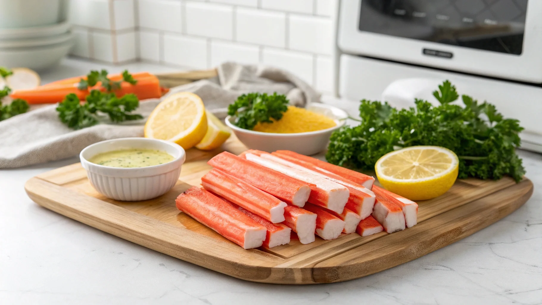 Imitation king crab sticks on a cutting board with parsley and lemon wedges.