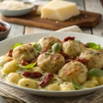 Slow Cooker Tuscan Chicken Meatballs with Gnocchi on a rustic plate garnished with basil and sun-dried tomatoes.