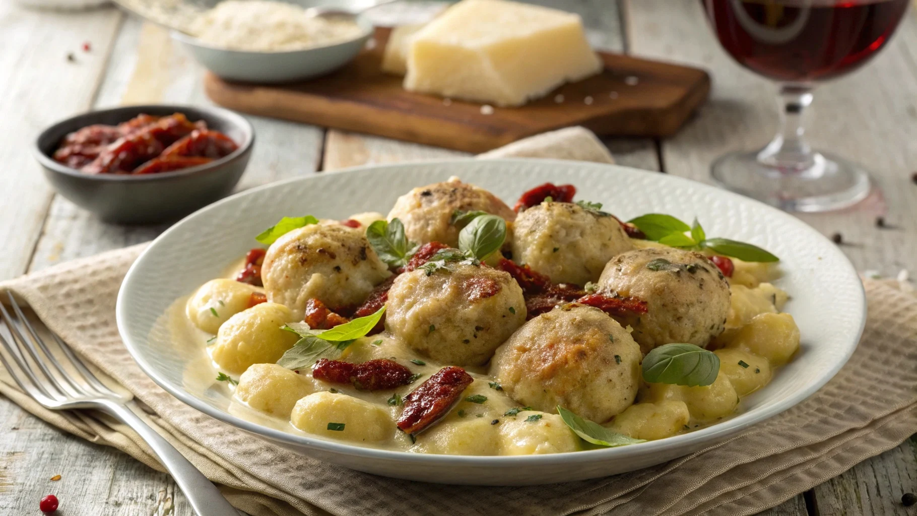 Slow Cooker Tuscan Chicken Meatballs with Gnocchi on a rustic plate garnished with basil and sun-dried tomatoes.