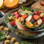 Fruit salad with spinach and croutons in a glass bowl, featuring fresh strawberries, orange slices, apples, and blueberries.