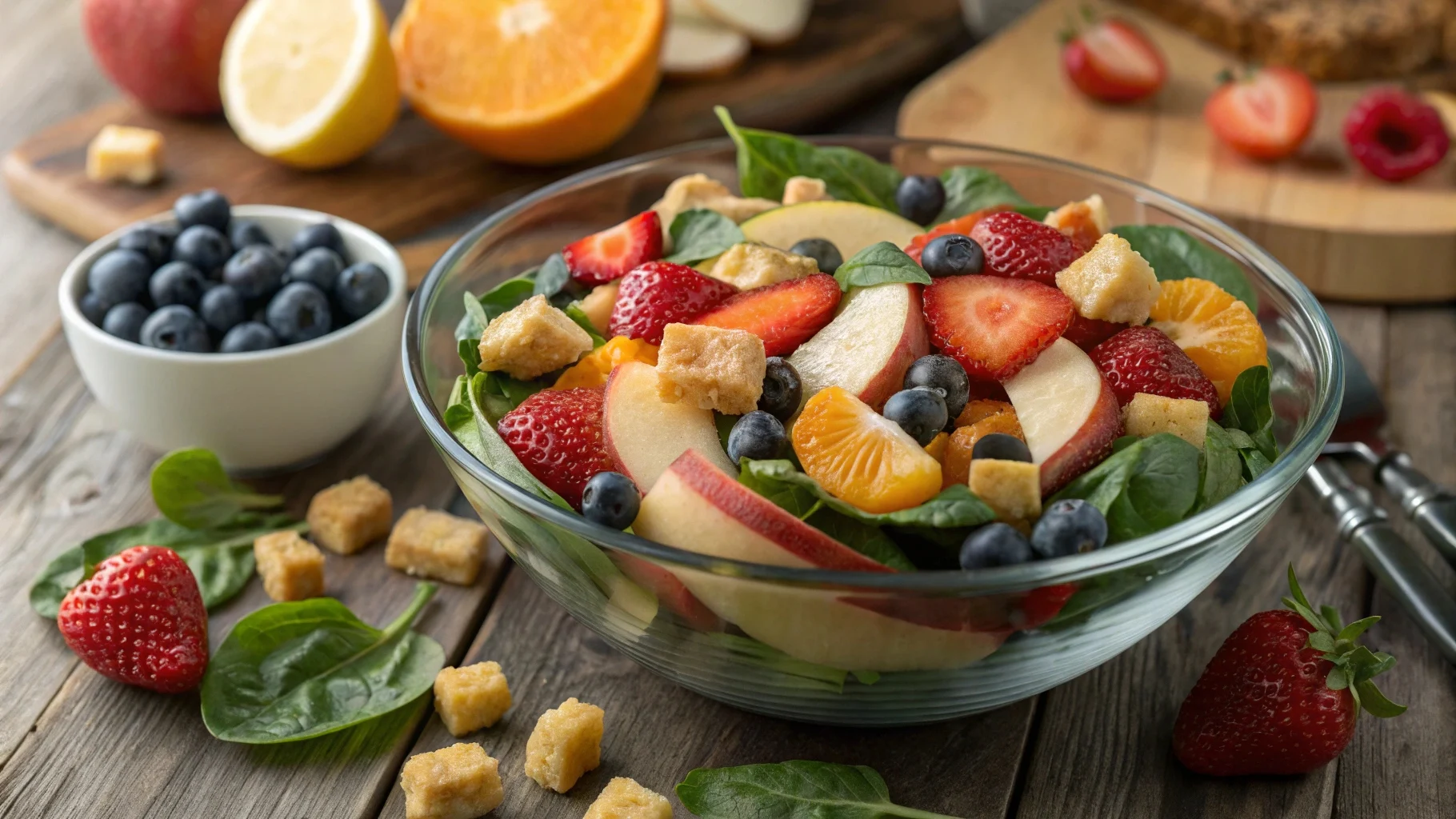 Fruit salad with spinach and croutons in a glass bowl, featuring fresh strawberries, orange slices, apples, and blueberries.