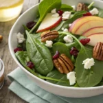 1 cup spinach salad with apples, pecans, goat cheese, and cranberries served in a white bowl – a quick and healthy recipe.