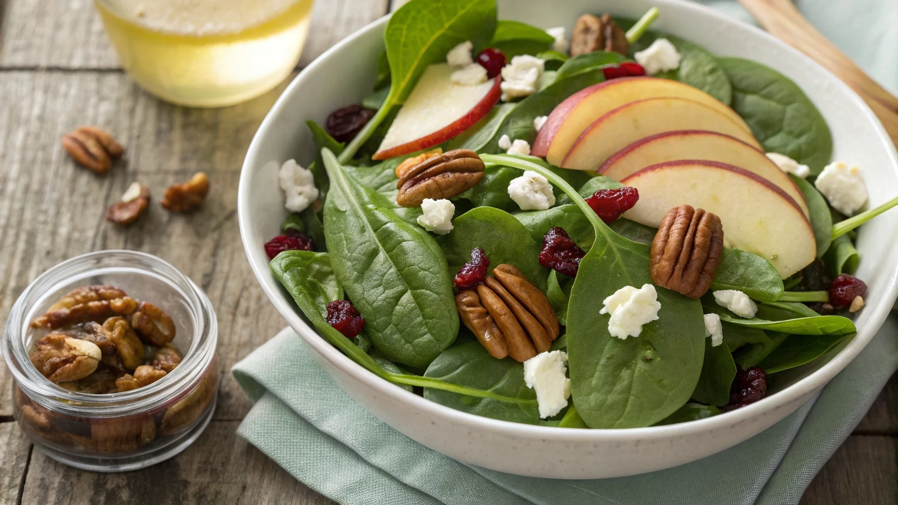 1 cup spinach salad with apples, pecans, goat cheese, and cranberries served in a white bowl – a quick and healthy recipe.