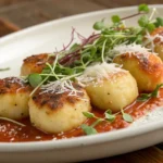 Outside-In Stuffed Gnocchi Sauce served on a white plate, garnished with microgreens and Parmesan cheese.