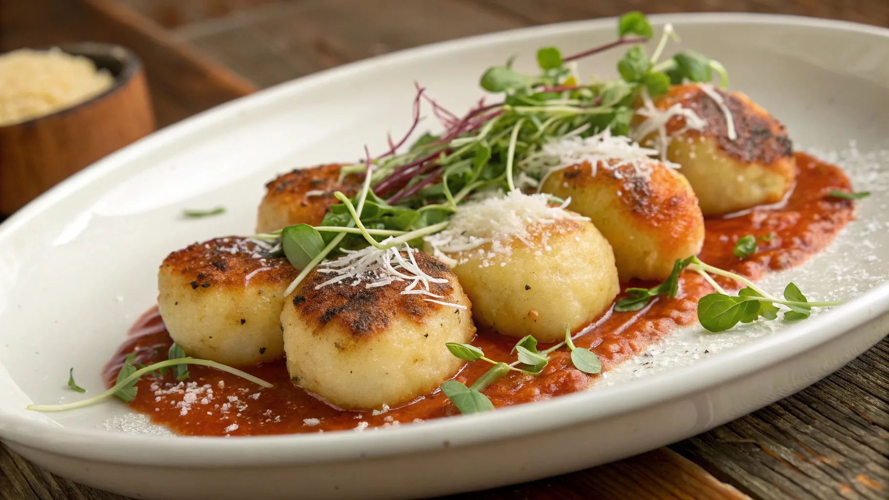 Outside-In Stuffed Gnocchi Sauce served on a white plate, garnished with microgreens and Parmesan cheese.