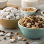 Side-by-side comparison of Puppy Chow and Muddy Buddies in bowls with ingredients like Rice Chex cereal, chocolate, peanut butter, and powdered sugar, highlighting the difference between Muddy Buddies and Puppy Chow.