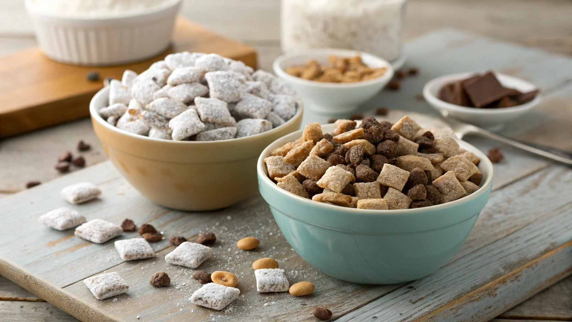 Side-by-side comparison of Puppy Chow and Muddy Buddies in bowls with ingredients like Rice Chex cereal, chocolate, peanut butter, and powdered sugar, highlighting the difference between Muddy Buddies and Puppy Chow.