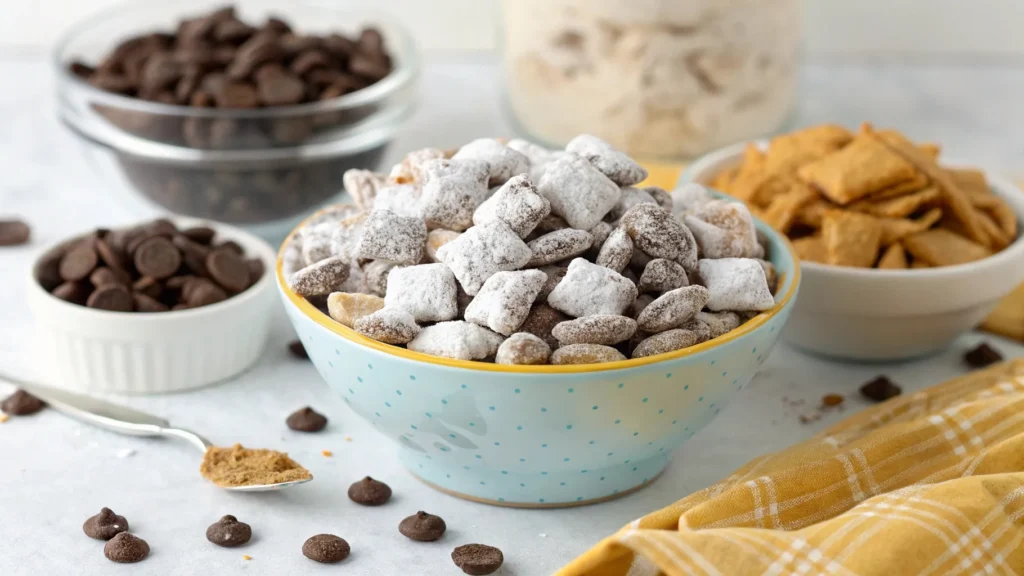Bowl of perfectly coated Muddy Buddies with powdered sugar, showing how to avoid sogginess.
