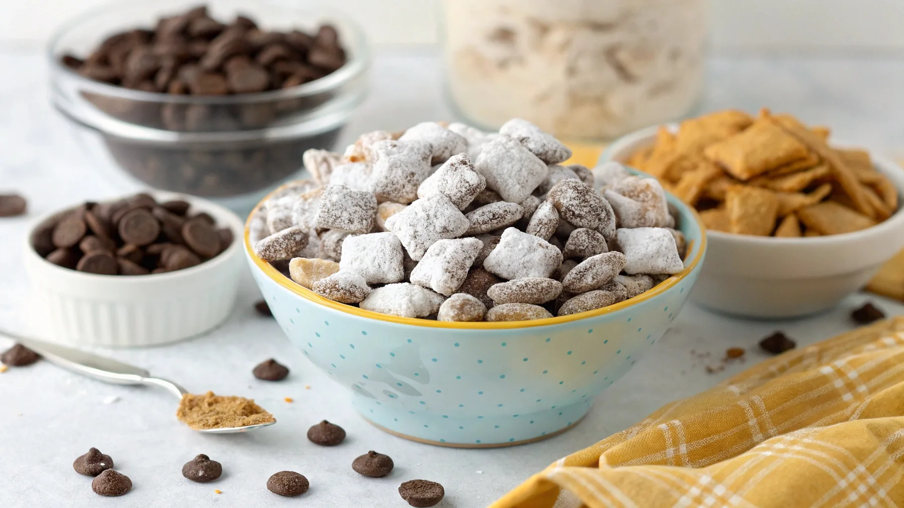 Bowl of perfectly coated Muddy Buddies with powdered sugar, showing how to avoid sogginess.