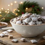 Large bowl of Puppy Chow (People Chow) with chocolate, peanut butter, and powdered sugar on a rustic table