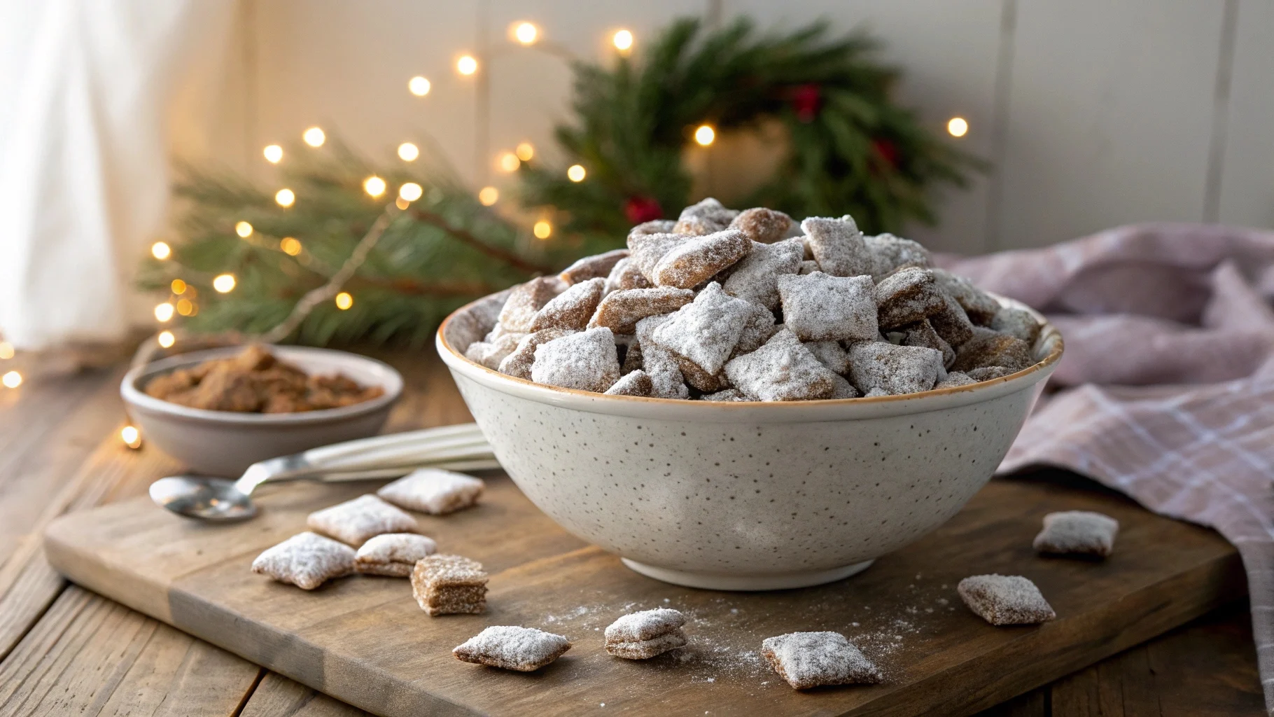 Large bowl of Puppy Chow (People Chow) with chocolate, peanut butter, and powdered sugar on a rustic table