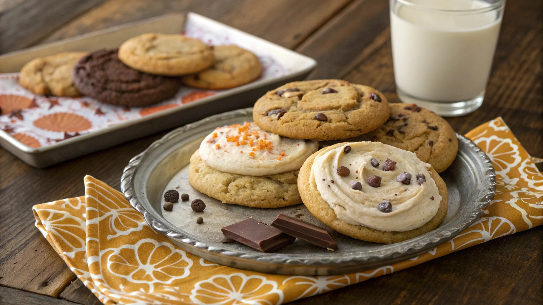 A platter of Crumbl-style cookies featuring chocolate chip, sugar cookie with frosting, and seasonal pumpkin spice, highlighting why Crumbl cookies taste so good.