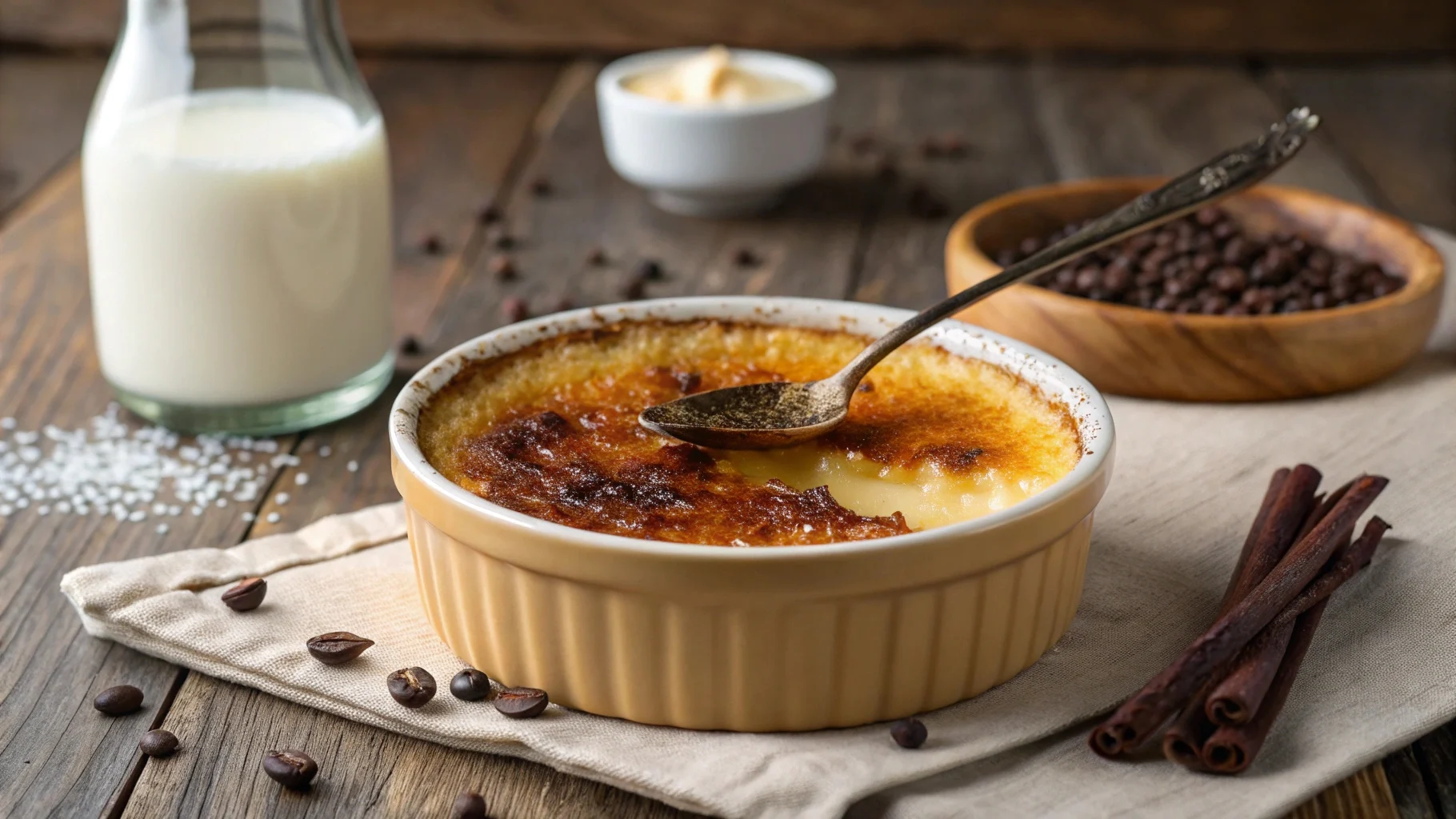 Can you use milk instead of heavy cream in crème brûlée? A caramelized crème brûlée in a ramekin with milk and vanilla beans.