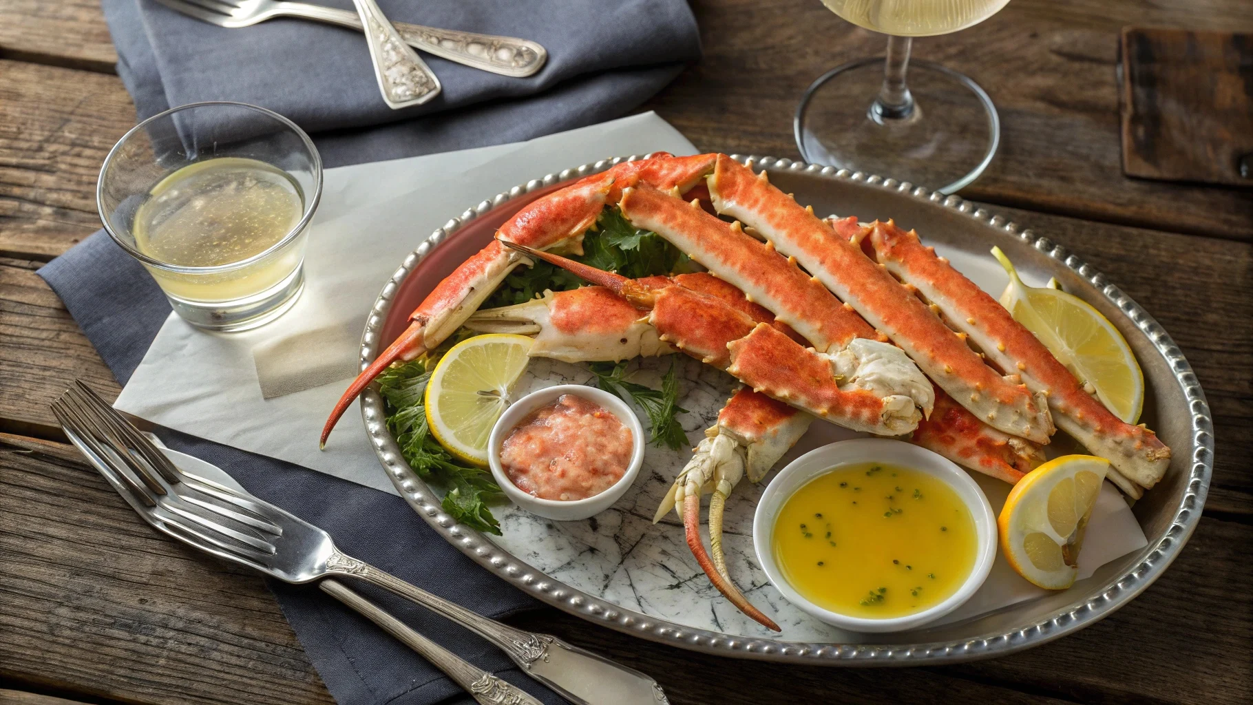 Luxurious king crab legs served with lemon and butter on a rustic table.