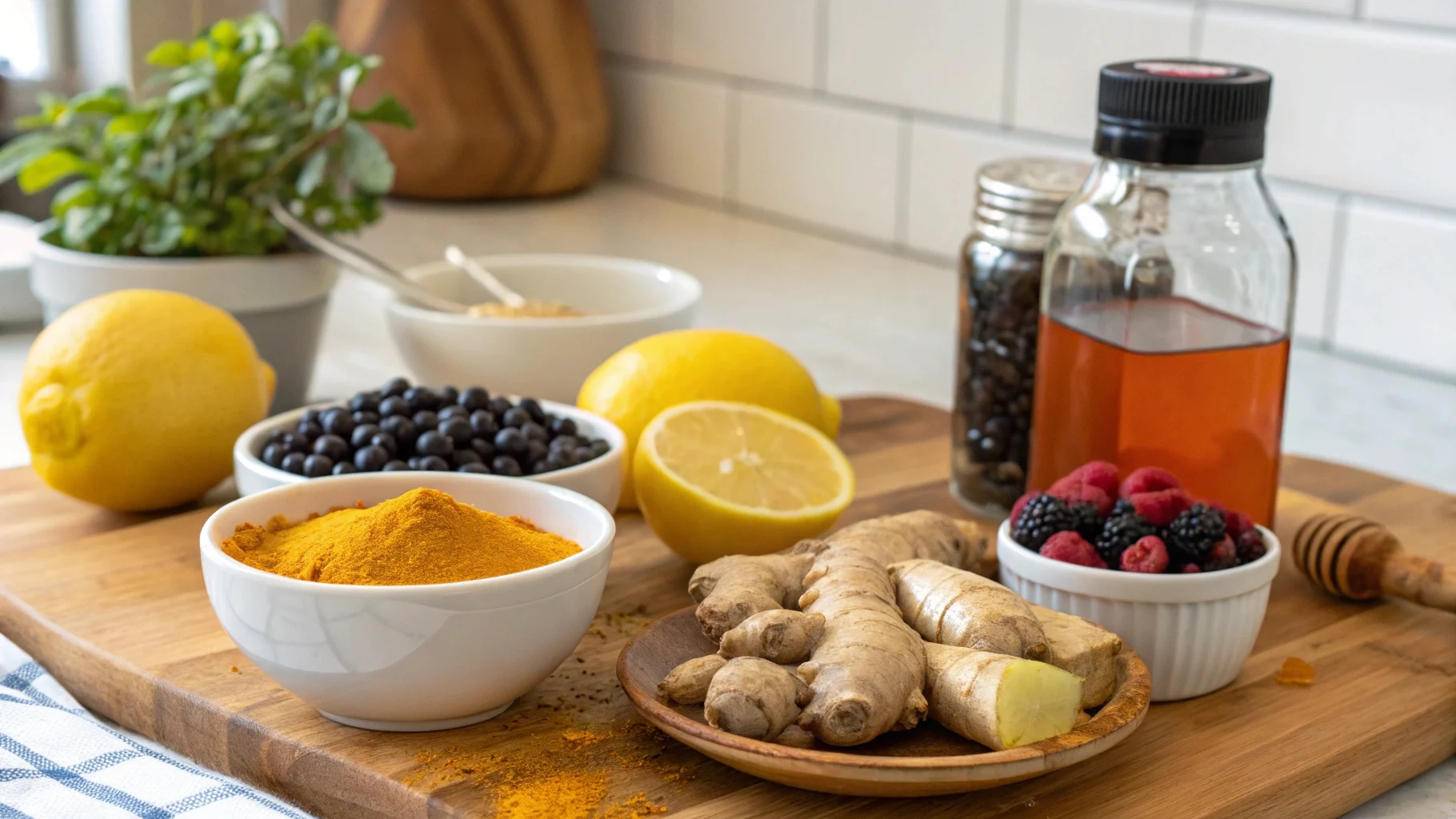 Fresh ingredients for the best immunity shot, including ginger, turmeric, lemon, and elderberries, on a wooden kitchen counter.