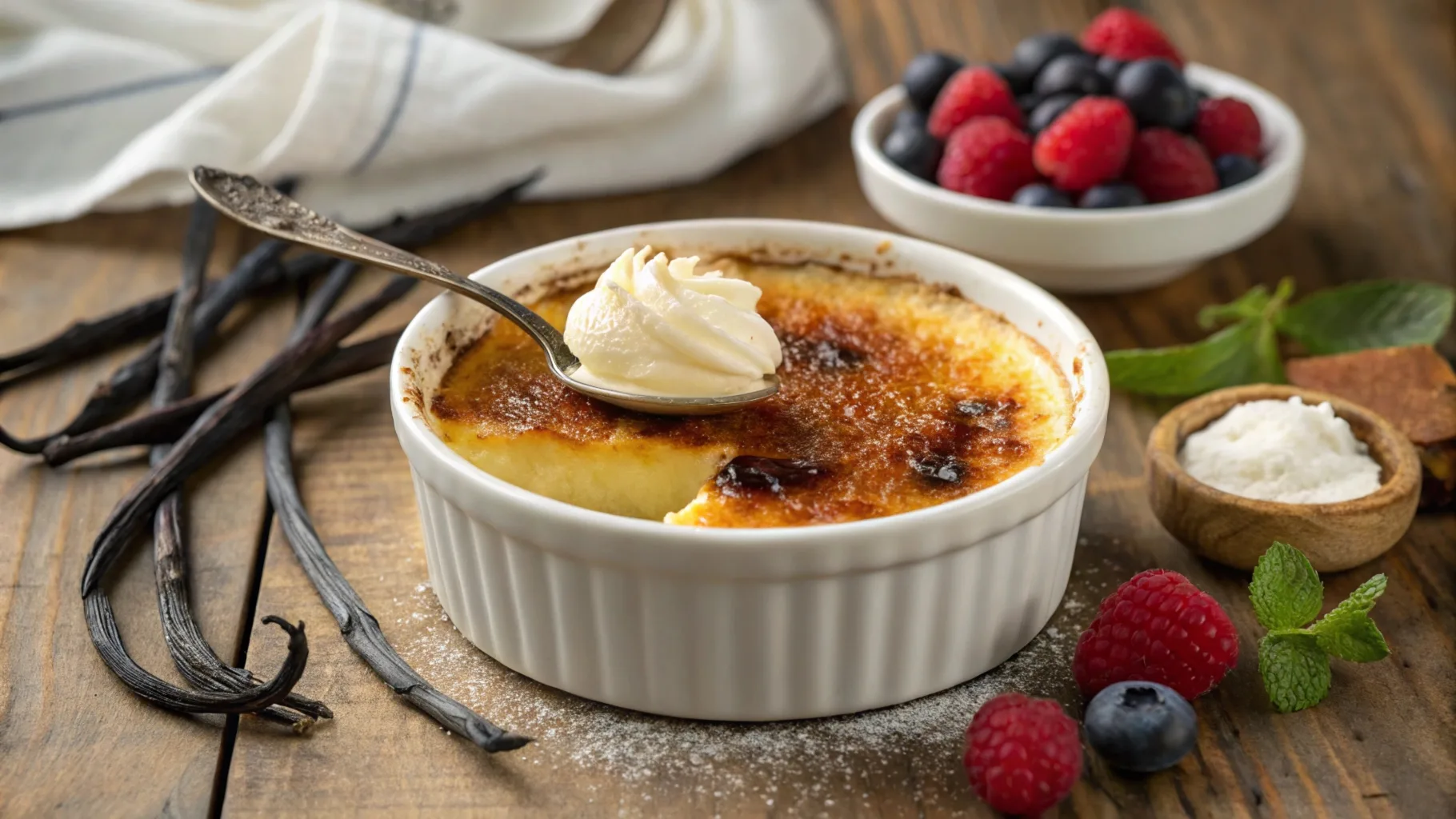 Crème brûlée with a caramelized sugar crust, served in a ramekin with vanilla beans and fresh berries.