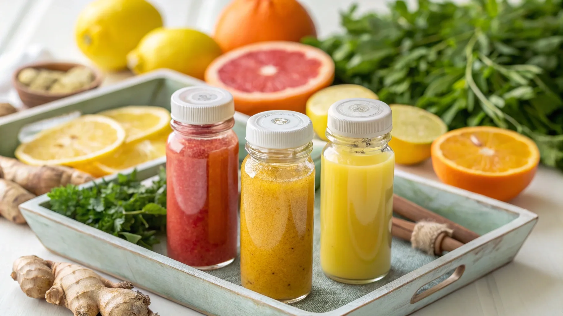 Tray of immunity-boosting shots with ginger, turmeric, and lemon – What shot is good for immune system?