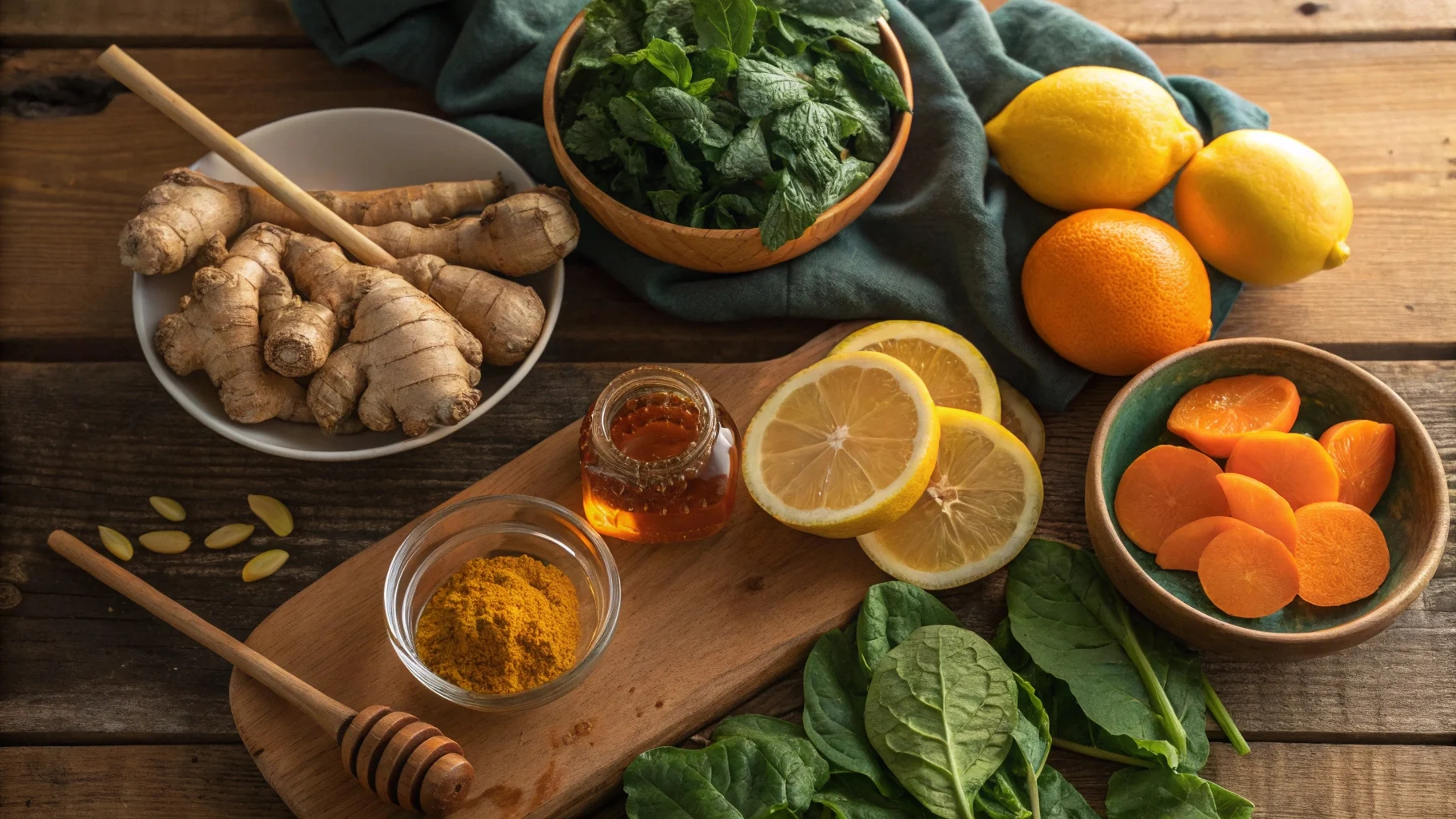 Natural ingredients for how to make an immune booster at home, including ginger, turmeric, lemons, and honey.